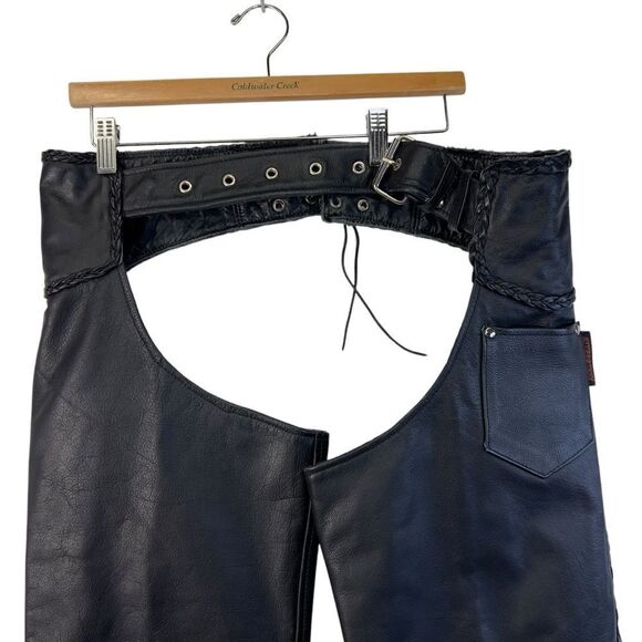 Unisex Interstate Leather Black Motorcycle Biker Riding Chaps Adjustable S - Picture 7 of 16